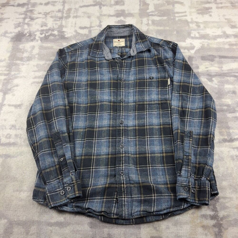 Woolrich Mens Medium M Plaid Flannel Shirt Blue Gold Yellow Cotton Long Sleeve